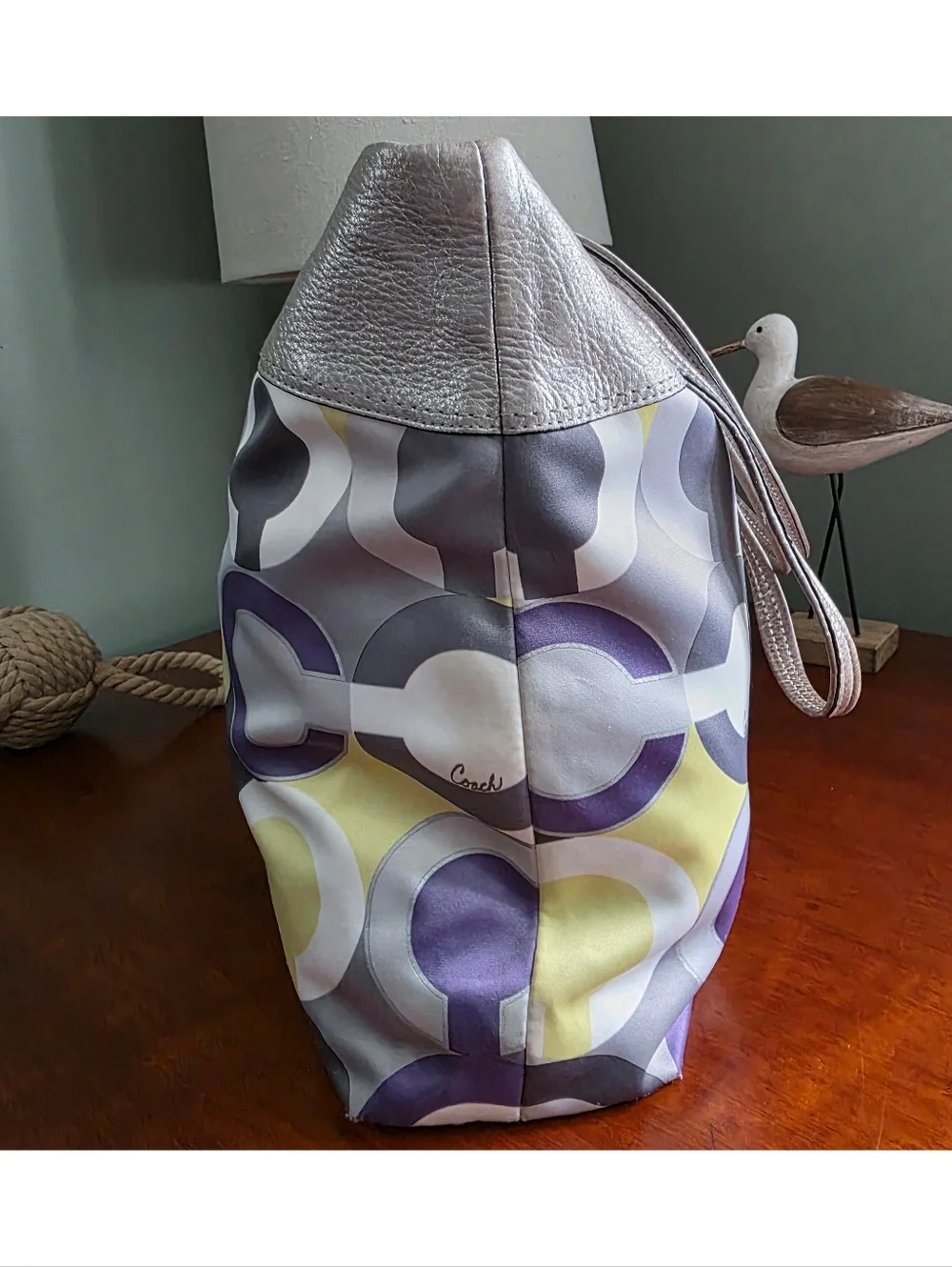 Coach 14970 Julia Op Art Silver Lavender Sateen Leather Tote Bag Y2K - Picture 4 of 16